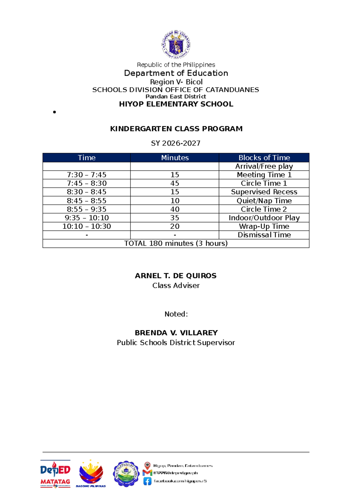 Kindergarten Class Program - Republic of the Philippines Department of ...
