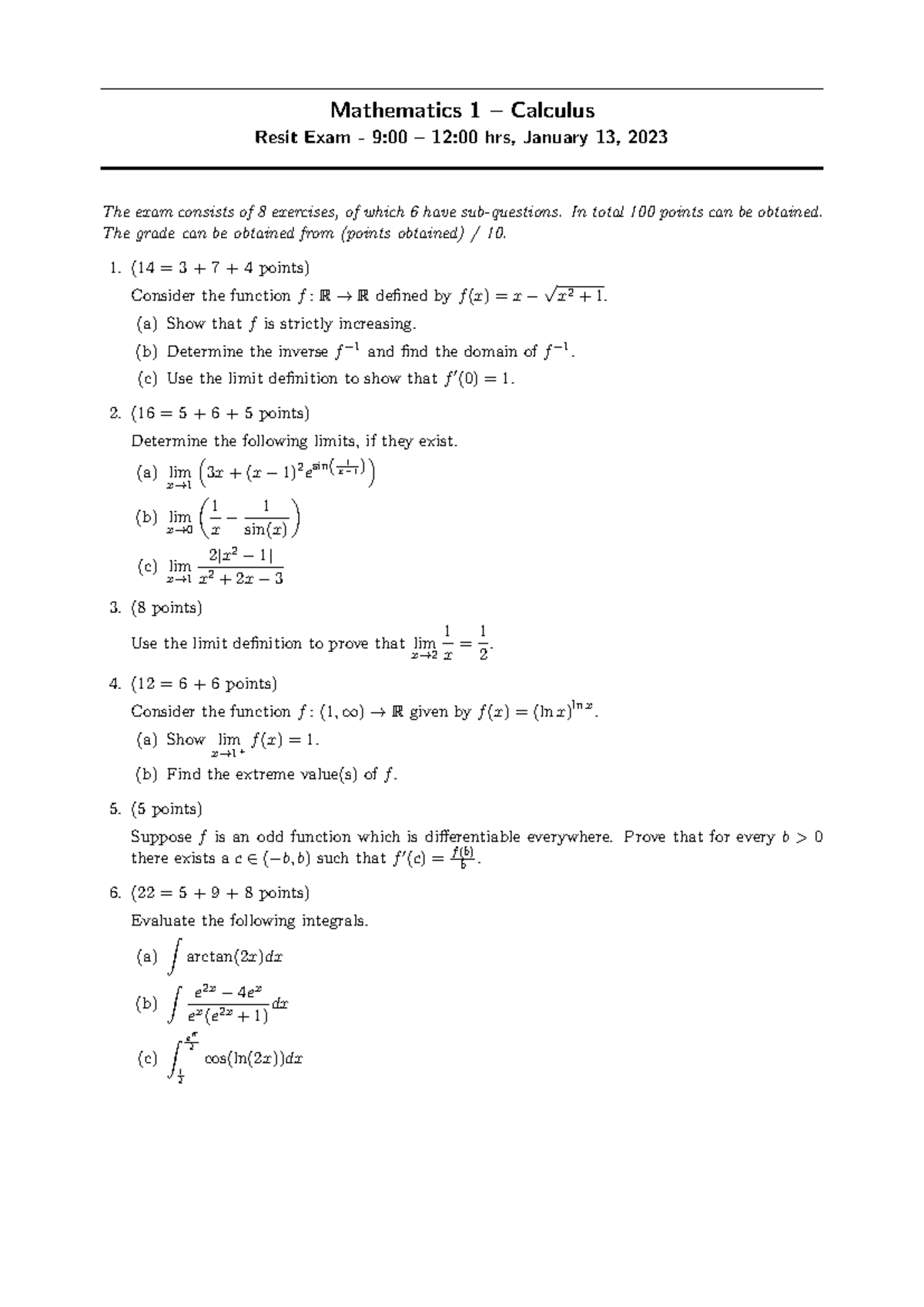 22 23 Math 1 Calculus Resit Exam Outline and Exercises - Studeersnel