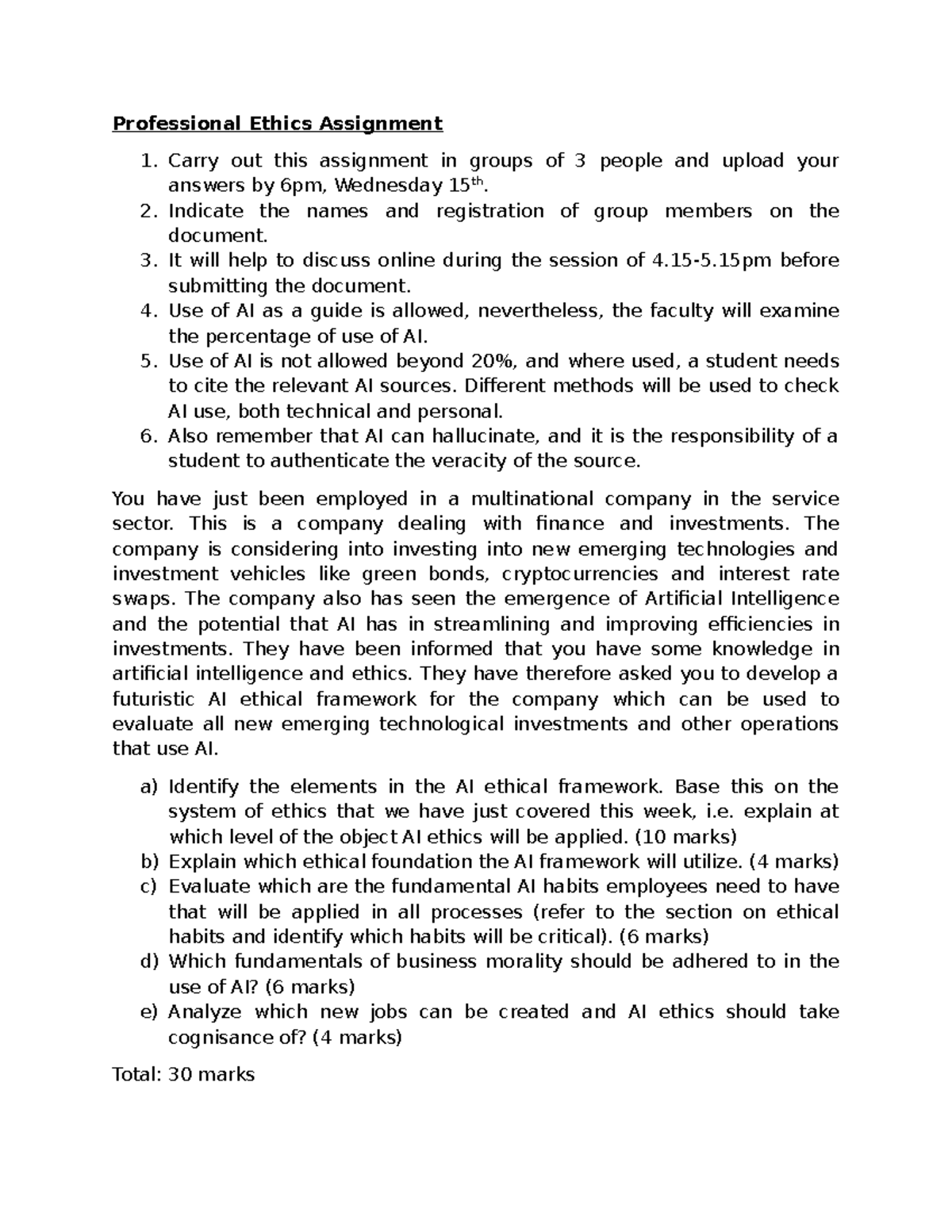 Professional Ethics Assignment: AI Ethical Framework Overview - Studocu