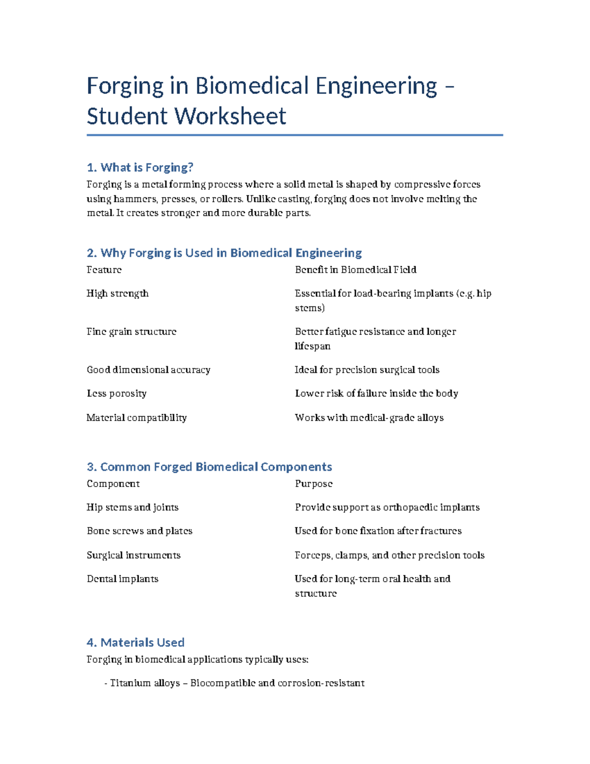 Forging in Biomedical Engineering: Student Worksheet 1 - Studocu