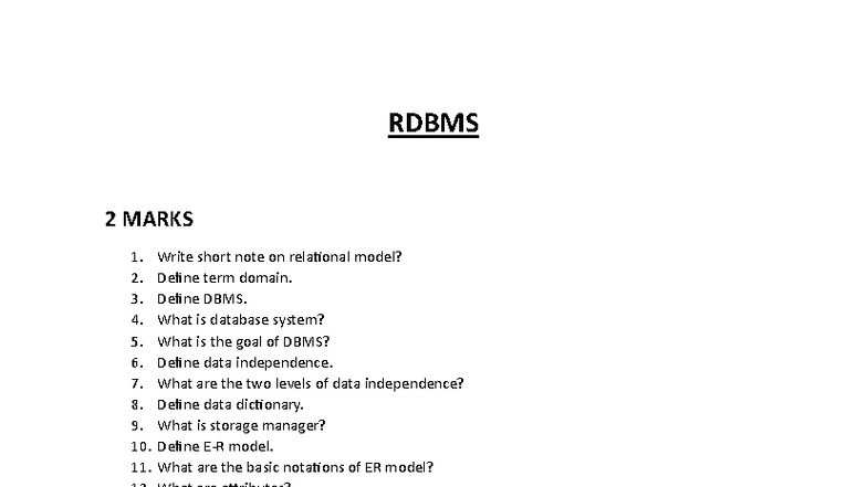 Rdbms questions - RDBMS 2 MARKS Write short note on relational model ...