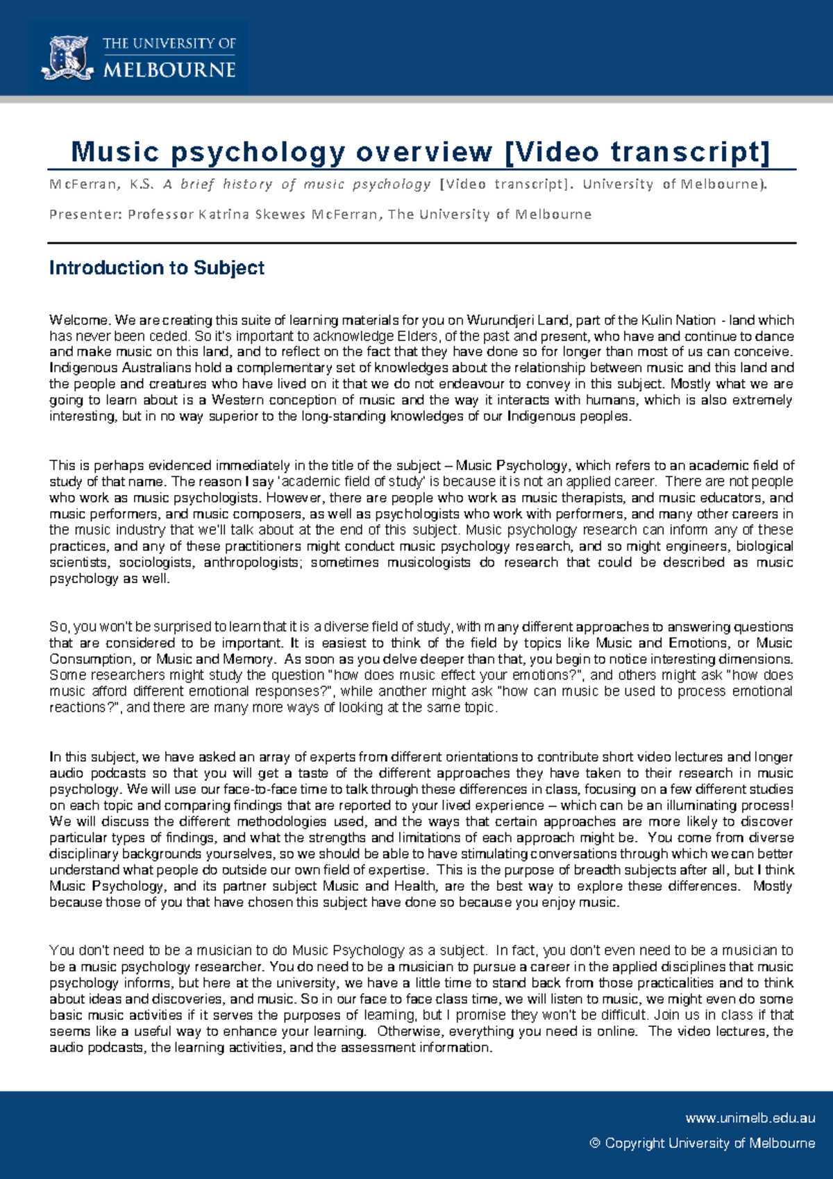 MUSI2014 9 Music Psychology Overview - Video Transcript Summary - Studocu