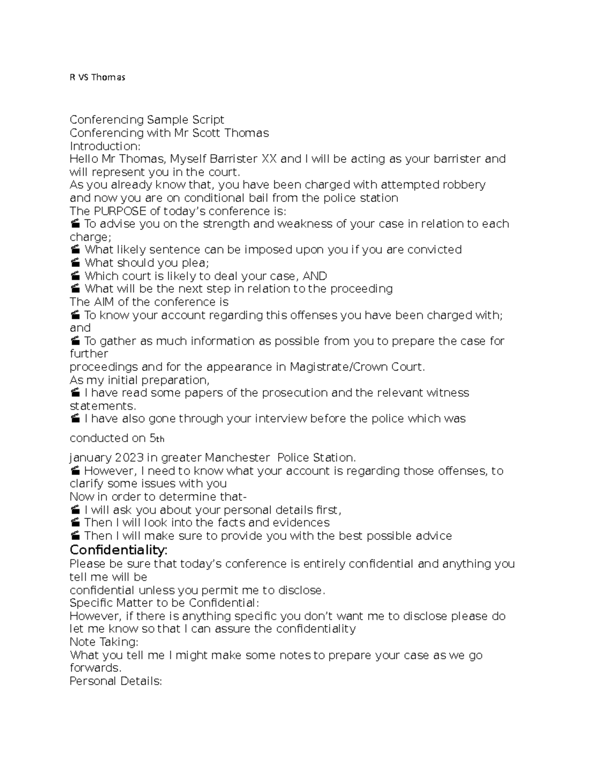 R VS Thomas: Conference Script for Legal Representation - Studocu