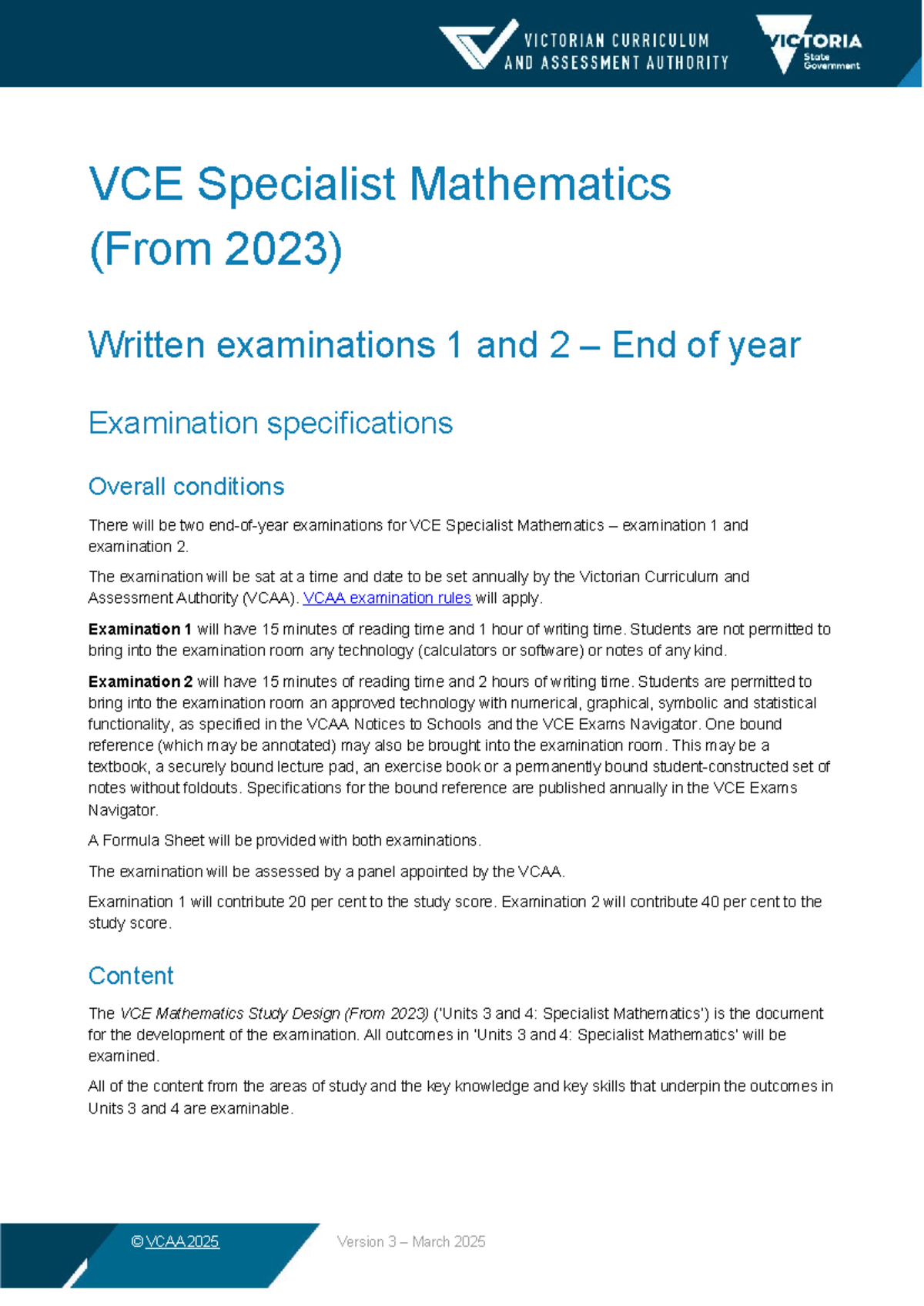 VCE Specialist Mathematics Exam 1 & 2 Specifications (2023) - Studocu