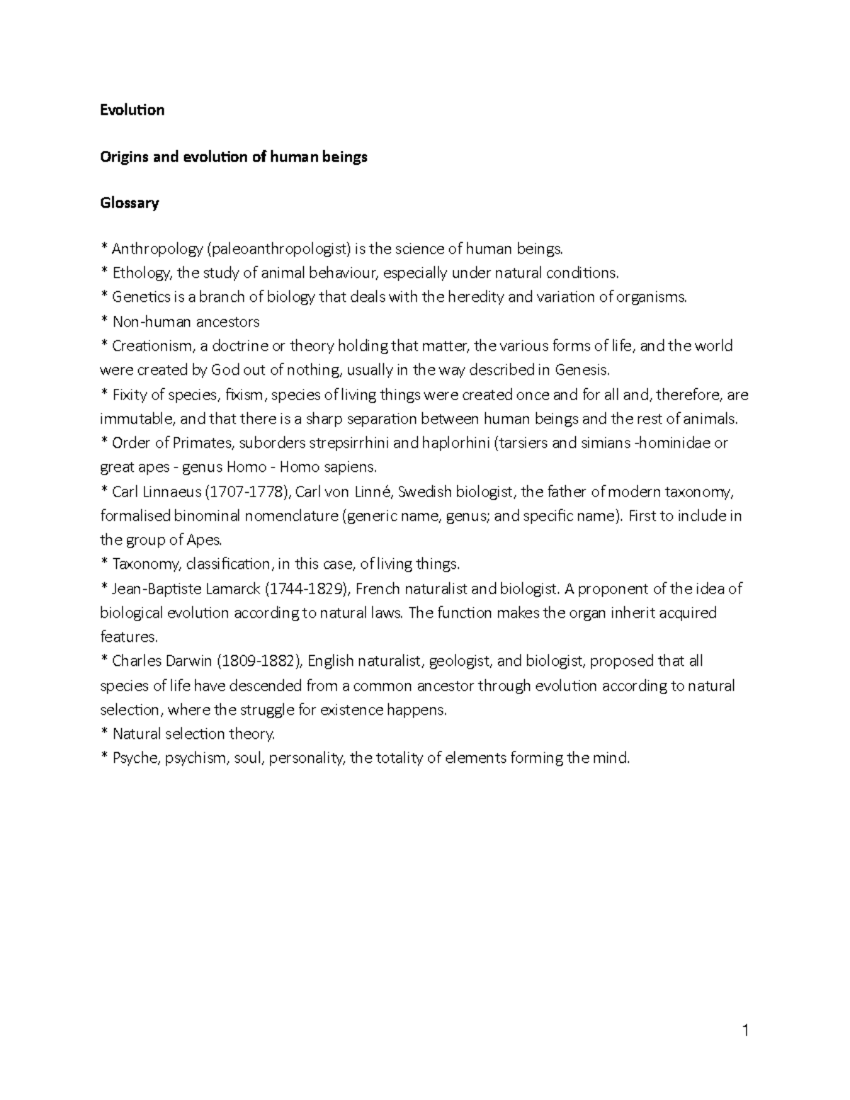 Evolution of Human Beings: Glossary and Key Concepts (ANTH 101) - Studocu