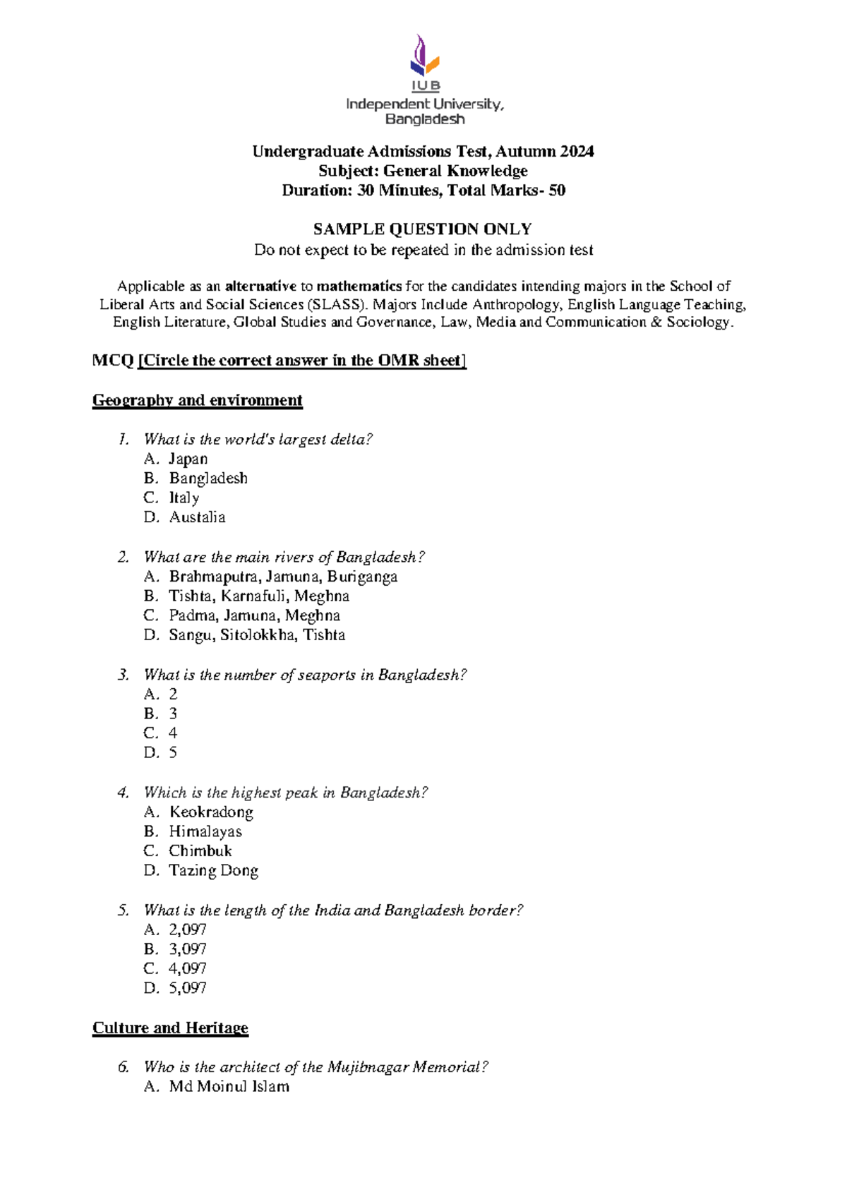 General Knowledge Sample Questions for UG Admissions Test (Autumn 2024 ...