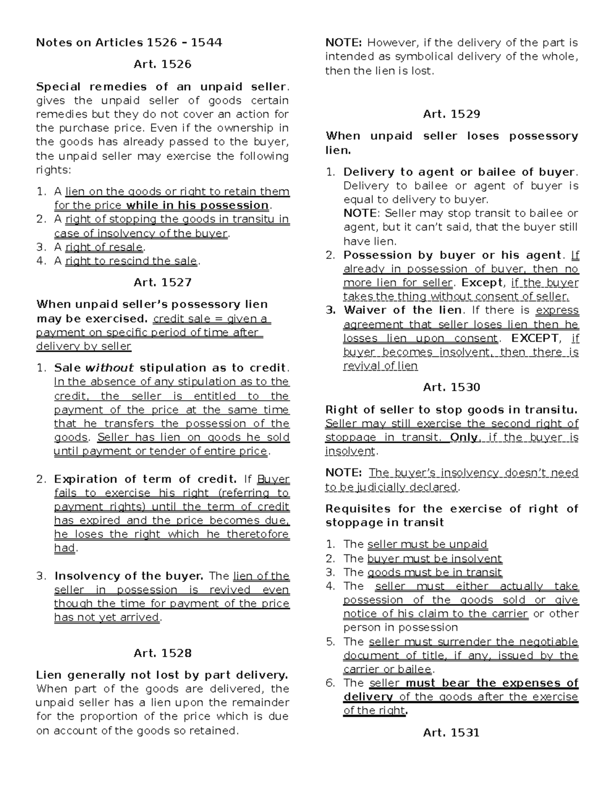Notes on Articles 1526 – 1544 - Notes on Articles 1526 – 1544 Art. 1526 ...