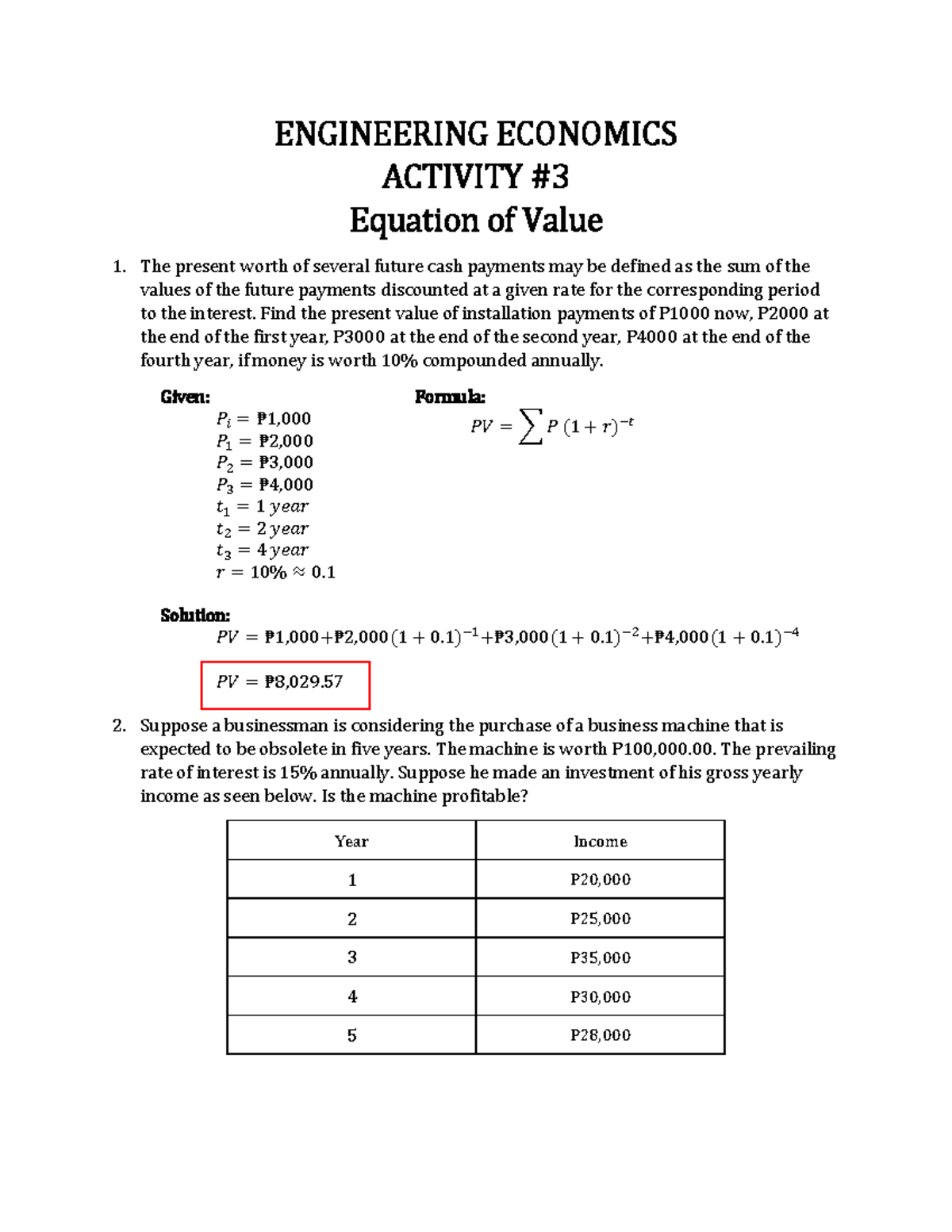 Engineering Economics - Equation of Value Practice Problems (ENGR 101 ...