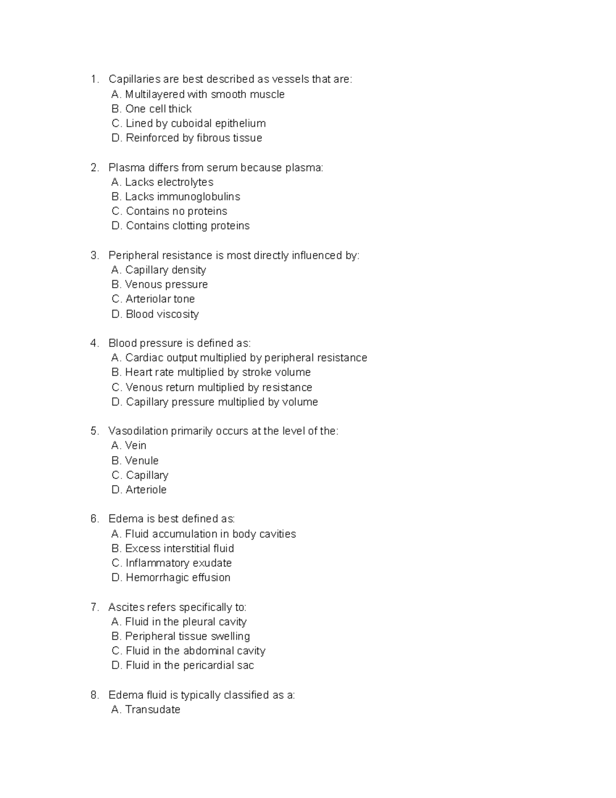 Path3610 Circulatory - Lecture Practice Questions on Capillaries and ...