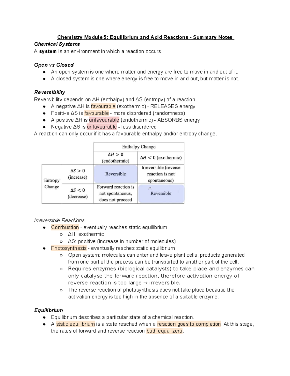 Chemistry Module 5: Equilibrium & Acid Reactions Summary Notes - Studocu