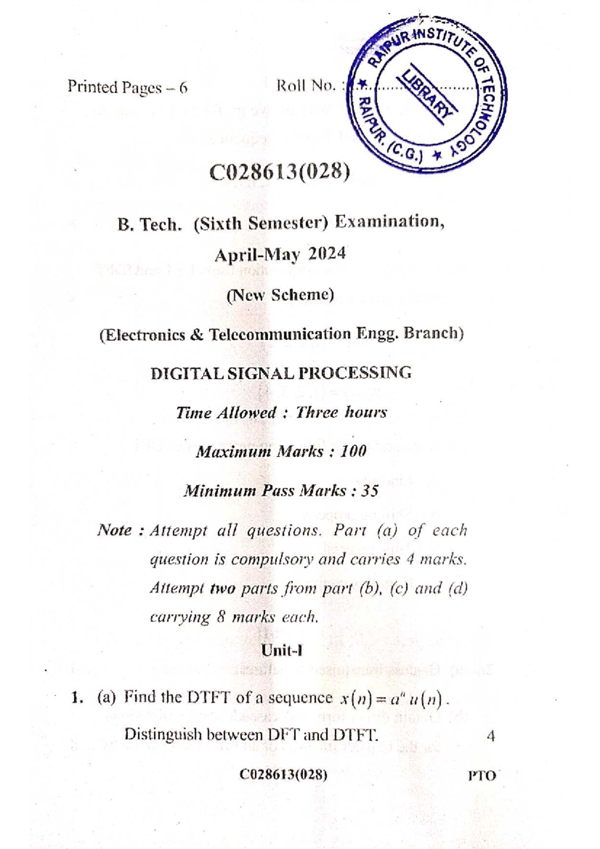 C028613(028) B.Tech 6th Sem Final Exam: Digital Signal Processing - Studocu