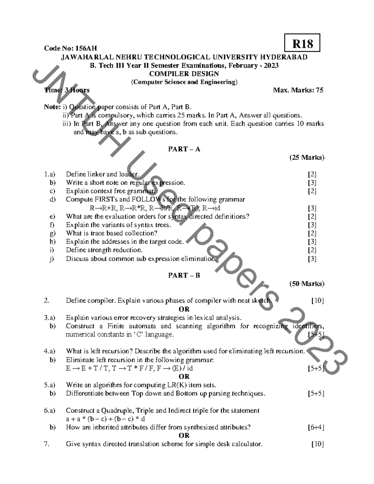 R18 CSE II Sem Feb 2023 Compiler Design Exam Paper - Studocu