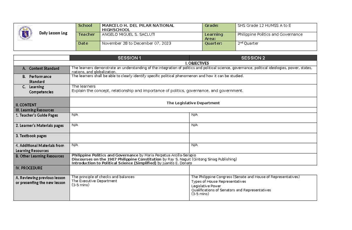 PPG SHS Grade 12 Q2 Week 3 Lesson Log on Philippine Politics and ...