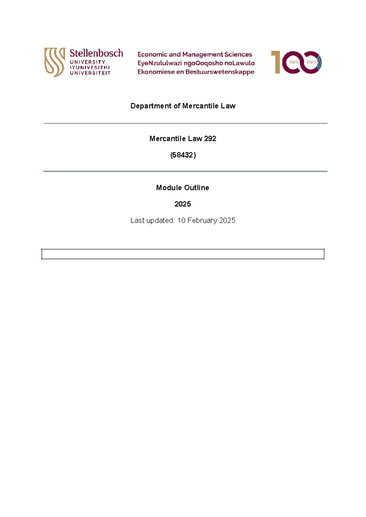 Mercantile Law 292 (58432): Module Framework Overview - Feb 2025 - Studocu