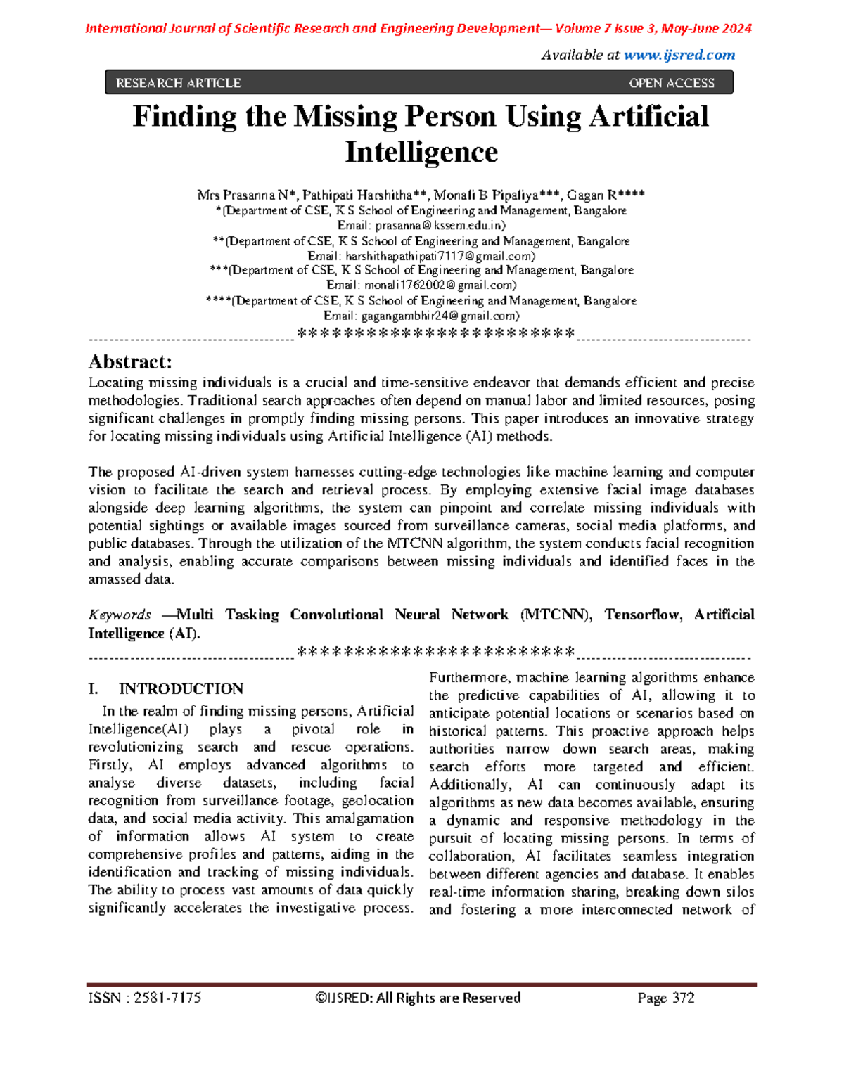 IJSRED V7I3P38: AI-Driven Solutions for Locating Missing Persons - Studocu