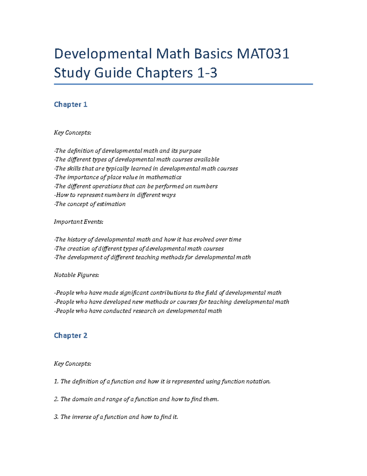Developmental Math Basics MAT031 Study Guide: Chapters 1-3 Overview ...