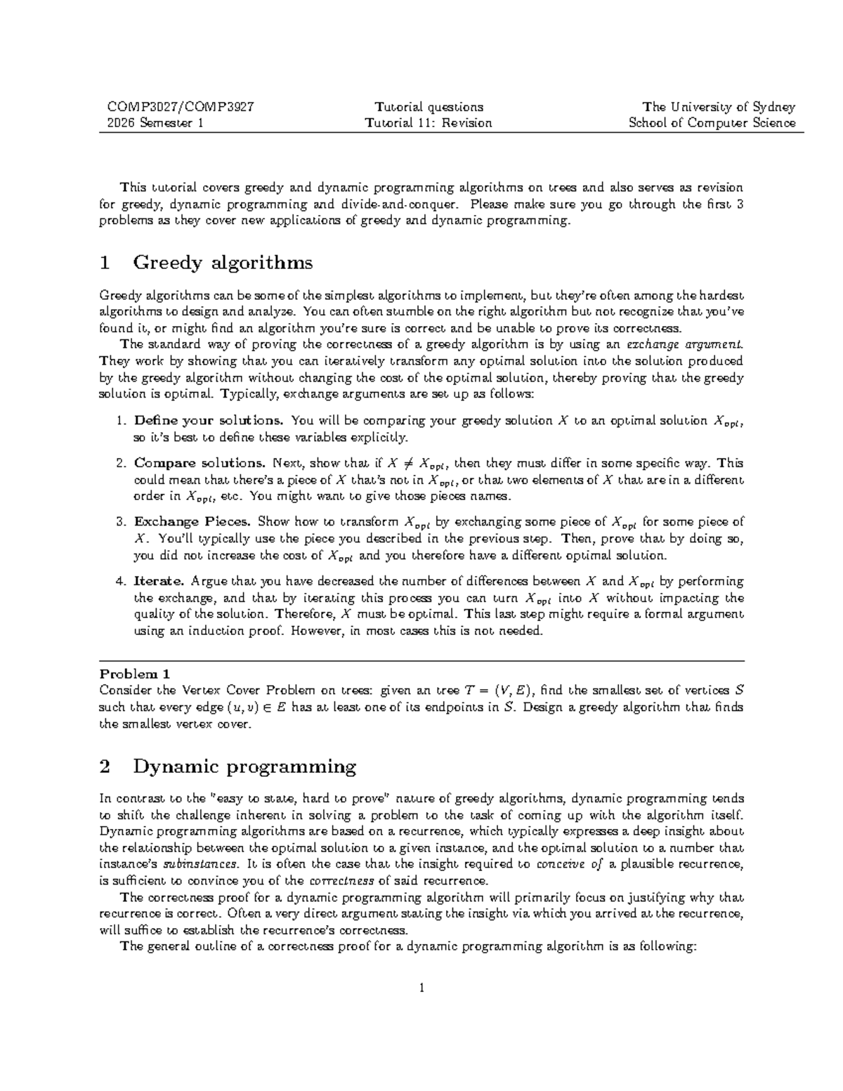 2026 COMP1010 Tutorial 11: Greedy & Dynamic Programming Revision - Studocu