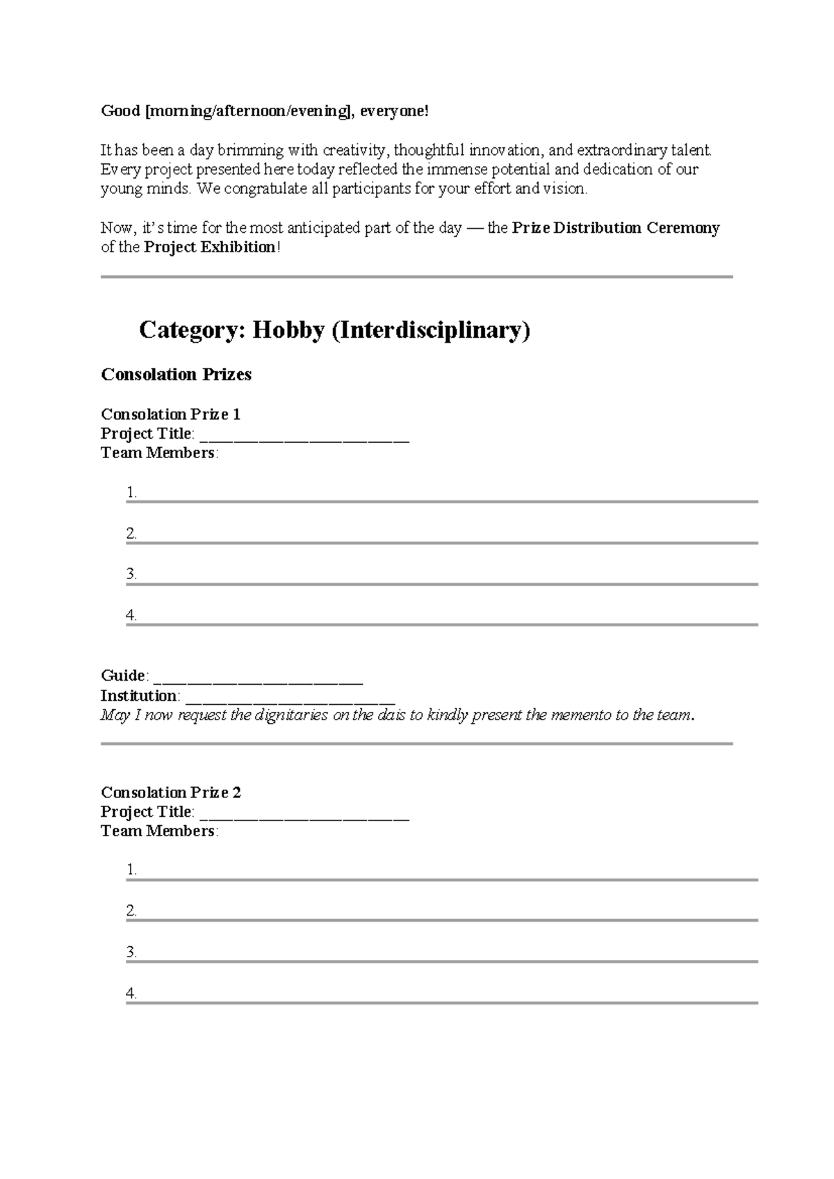 HOB Prize Distribution Ceremony Script for Project Exhibition - Studocu