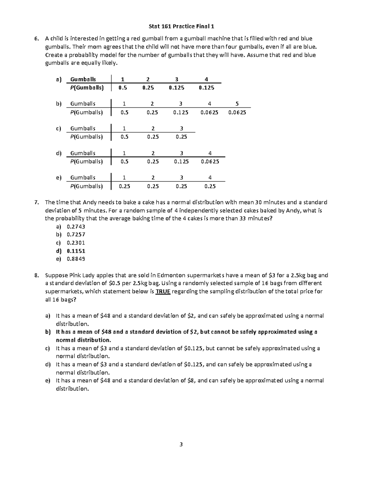 Stat 161 Practice Final Exam: Gumball Probability & Baking Time ...