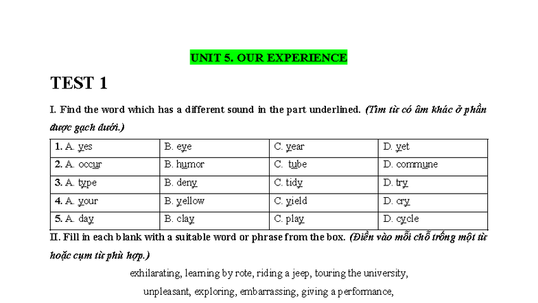 Unit 5 - Experience Test 1 & 2: Vocabulary and Grammar Exercises - Studocu