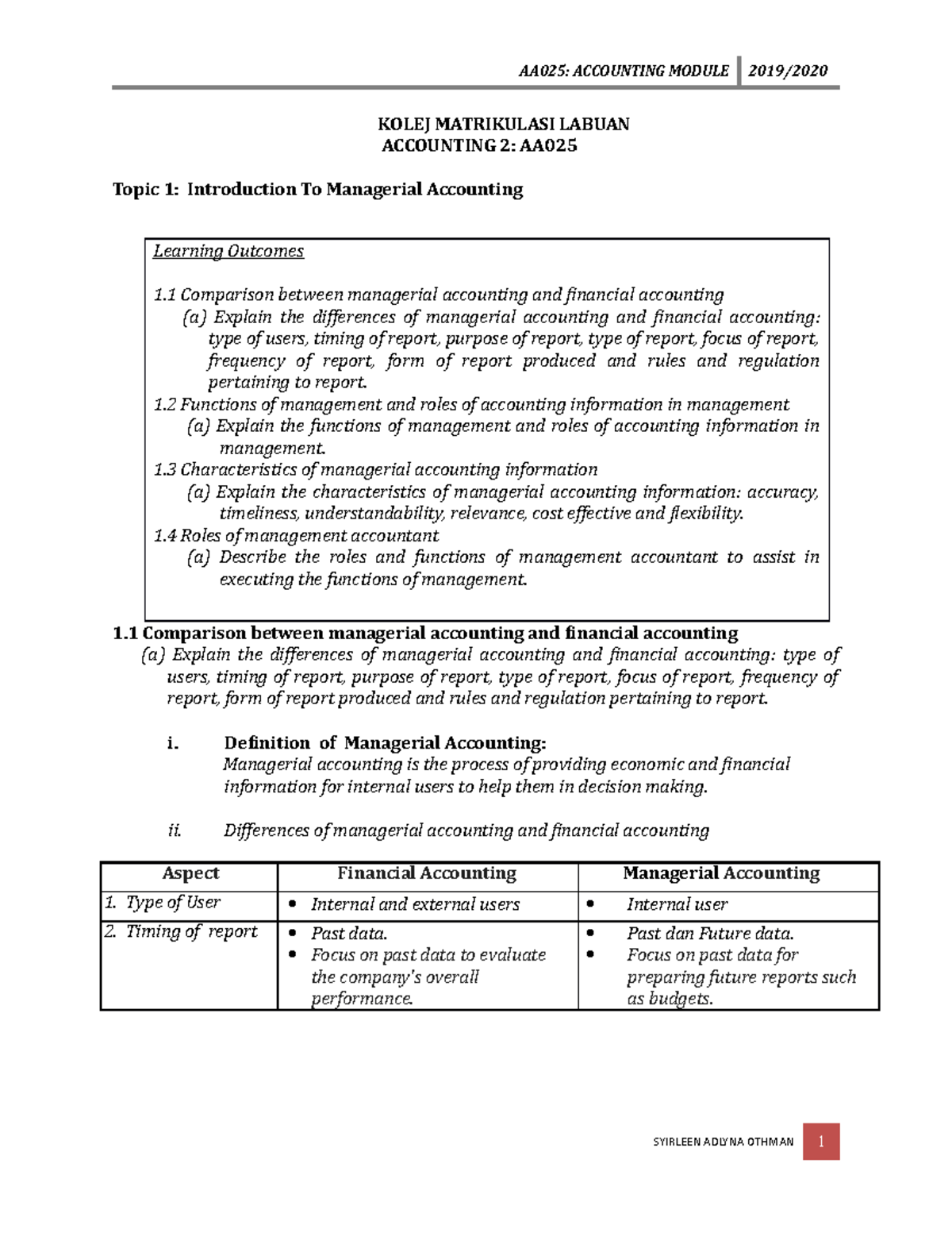 Modul AA025 - Managerial Accounting Overview and Cost Concepts - Studocu