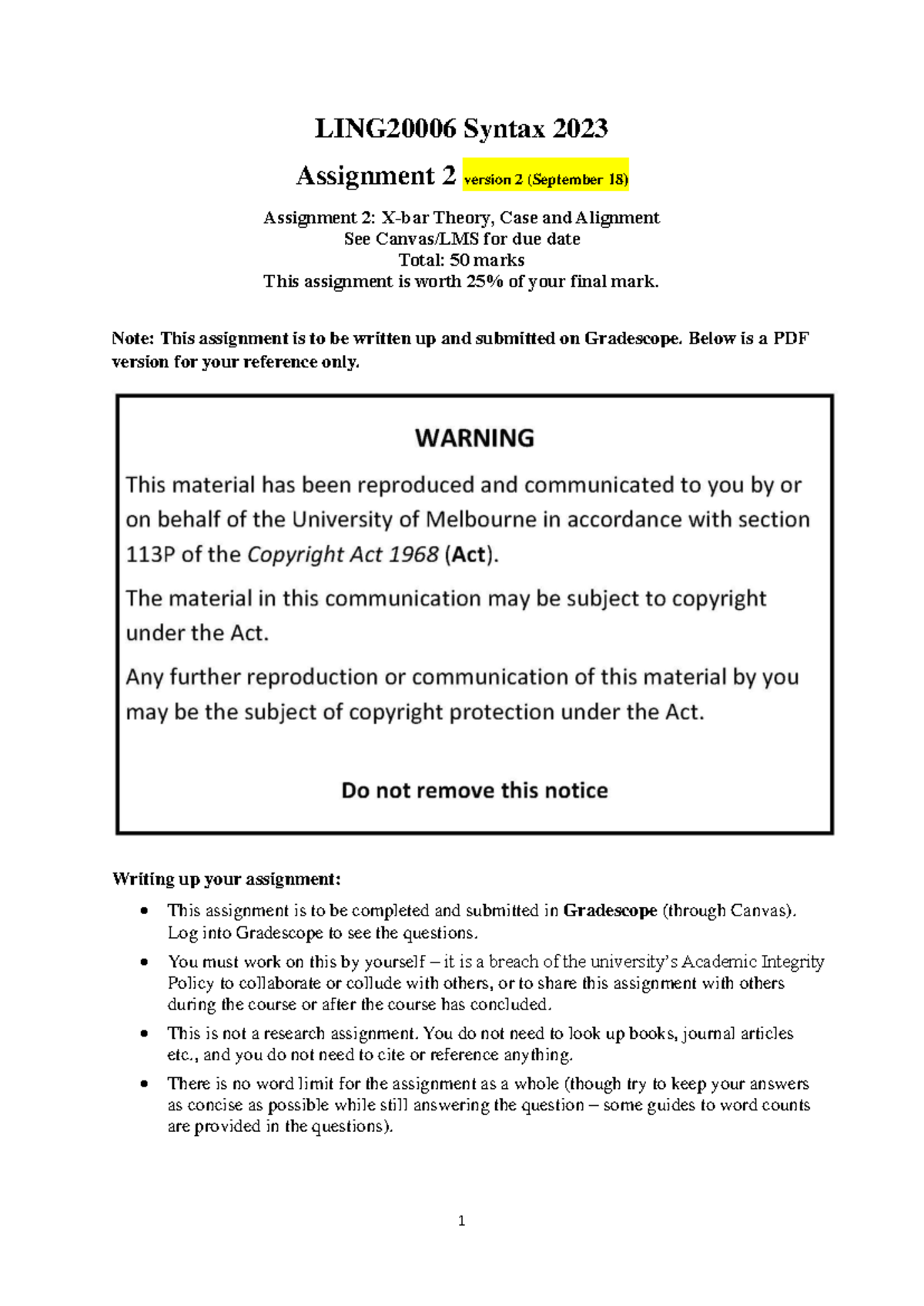 LING20006 Syntax 2023: Assignment 2 - X-bar Theory & Case Alignment ...