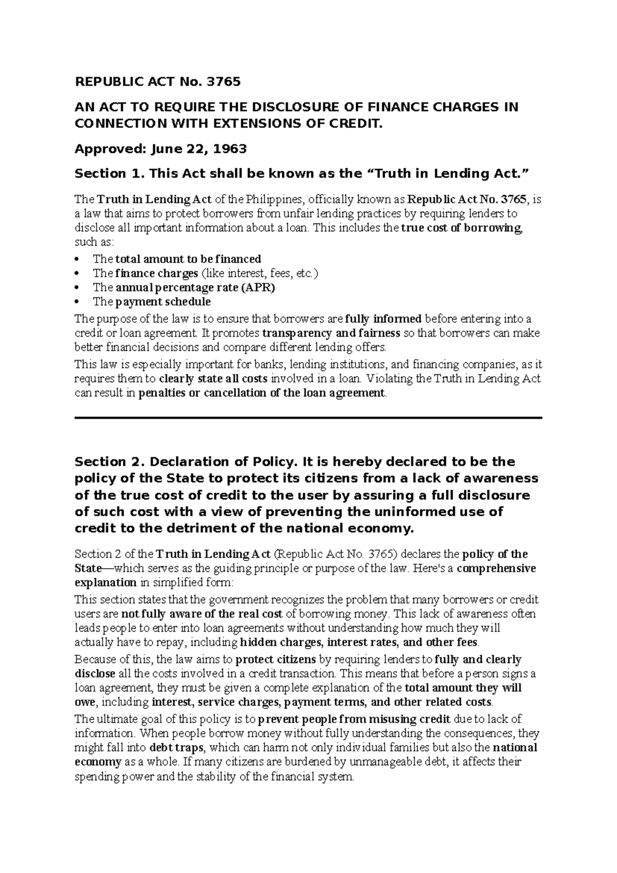 RA 3765: Comprehensive Overview of the Truth in Lending Act - Studocu