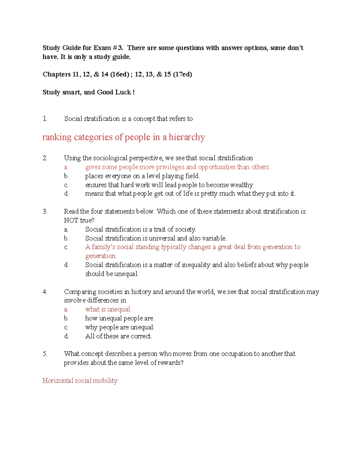 Study Guide for Exam #3: Social Stratification Concepts and Theories ...