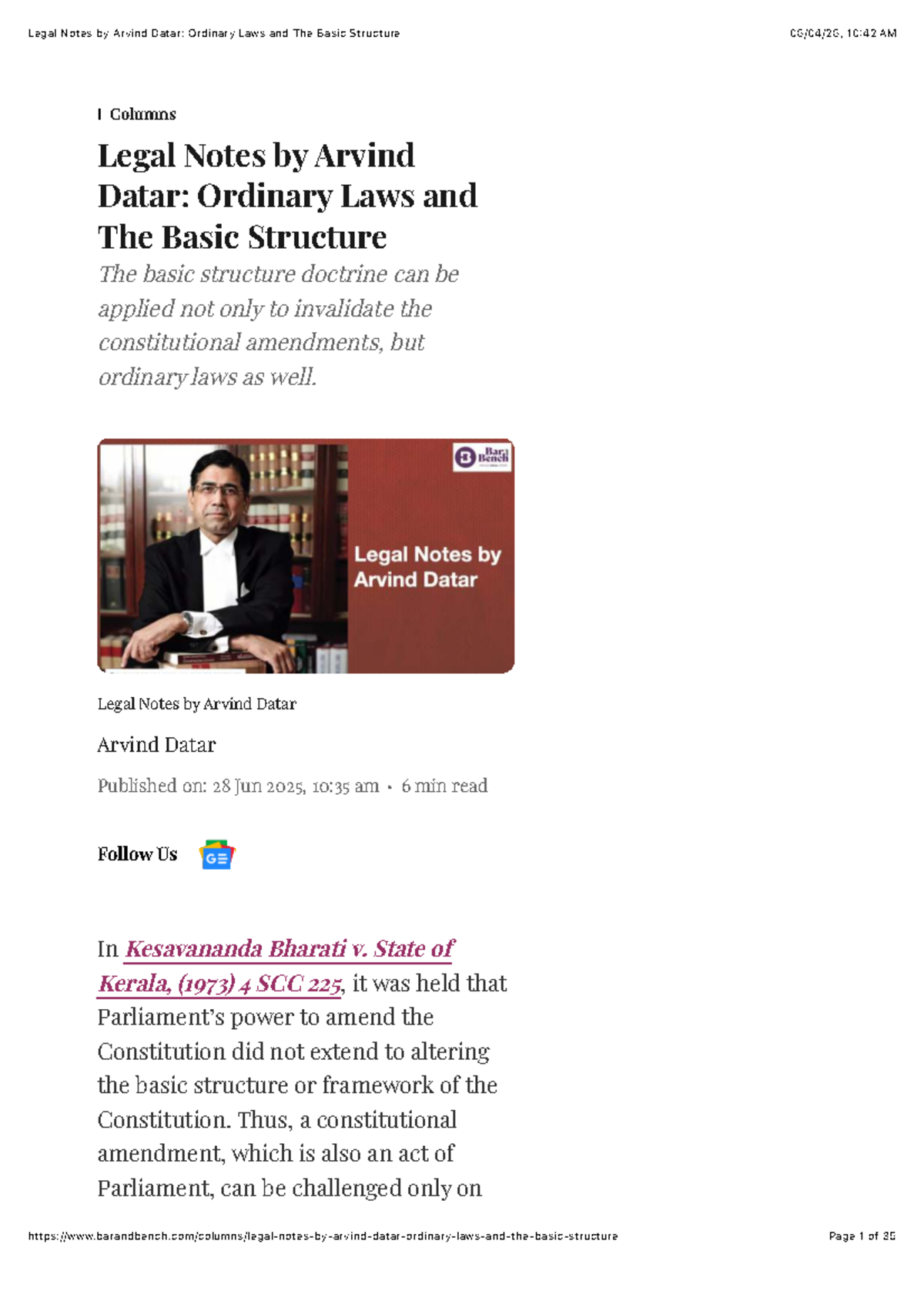 Legal Notes: Arvind Datar on Ordinary Laws & Basic Structure - Studocu