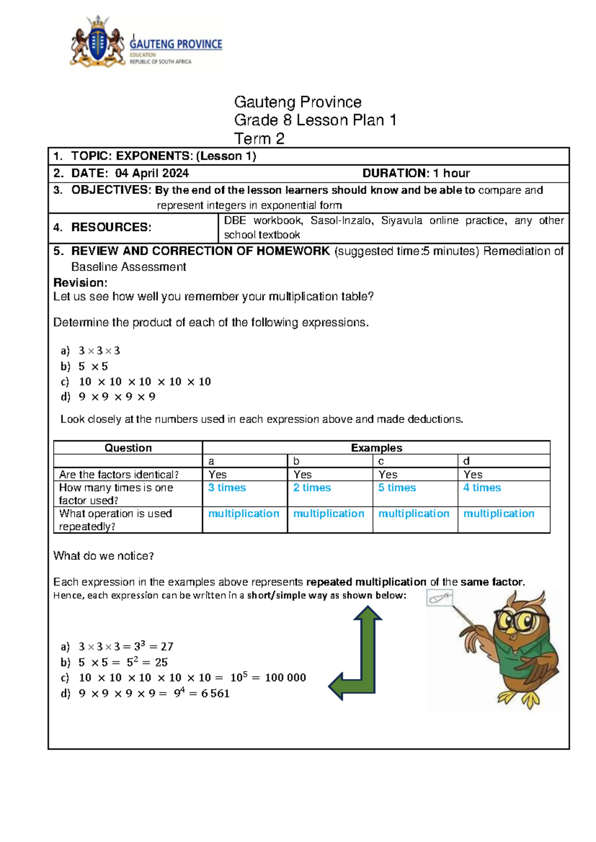 Grade 8 Term 2 Lesson Plan: Exponents Overview and Activities - Studocu