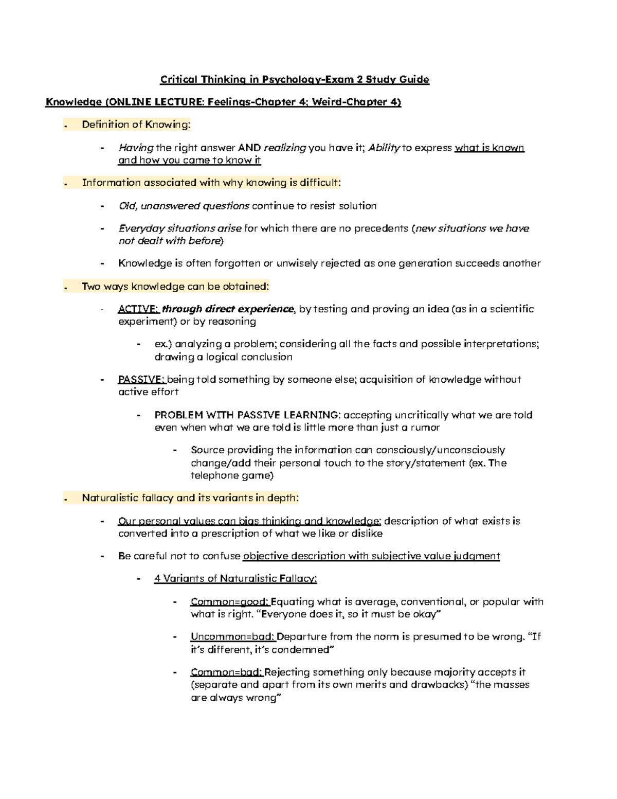 Critical Thinking in Psychology - PSYC110 Exam 2 Study Guide - Studocu