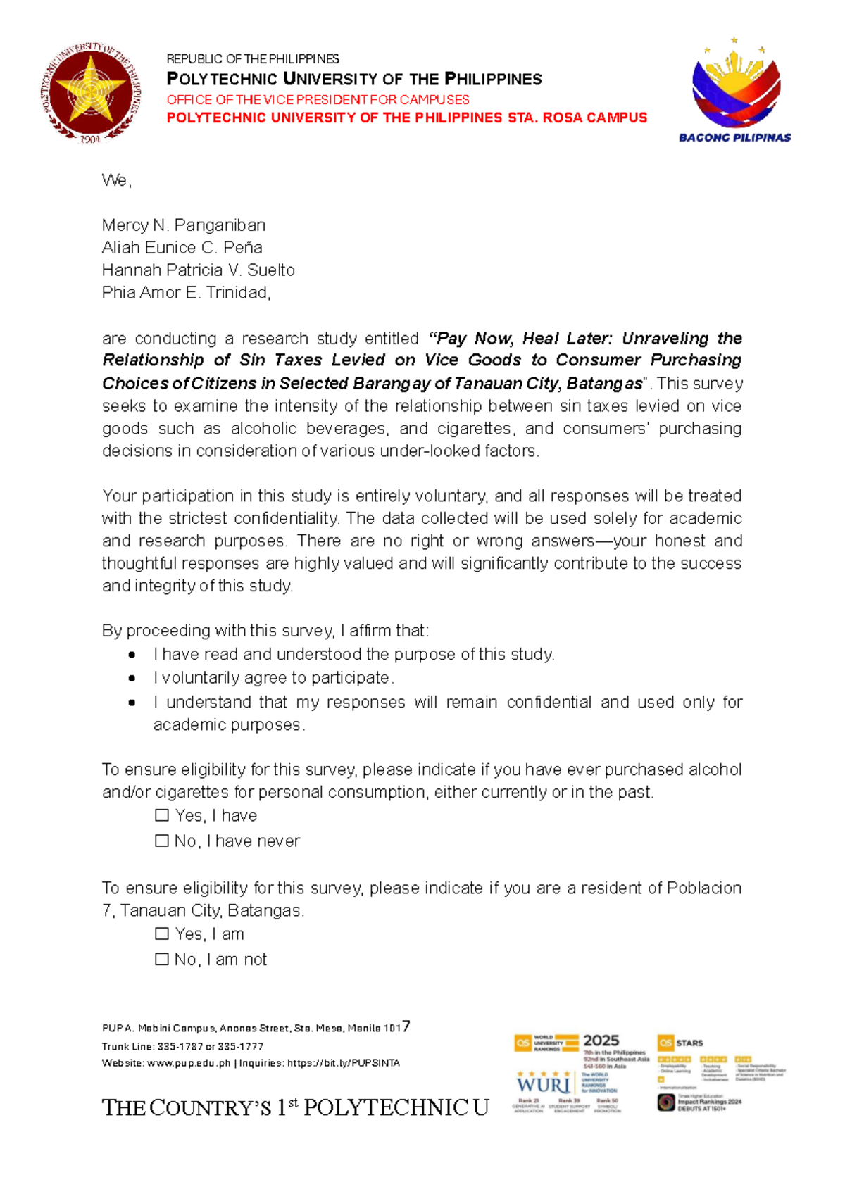 PUP Research Survey: Sin Taxes & Consumer Choices in Tanauan City - Studocu