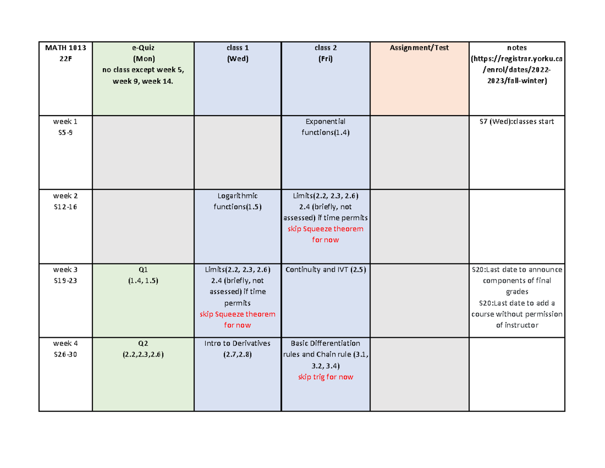 MATH 1013 22F Tentative Class Schedule & Important Dates - Studocu