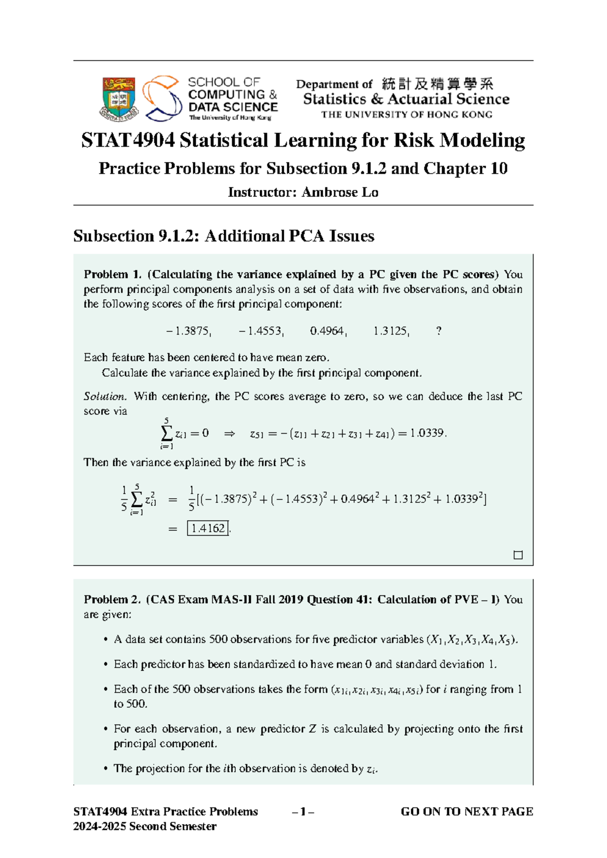 STAT4904 Extra Practice Problems for Statistical Learning and PCA - Studocu