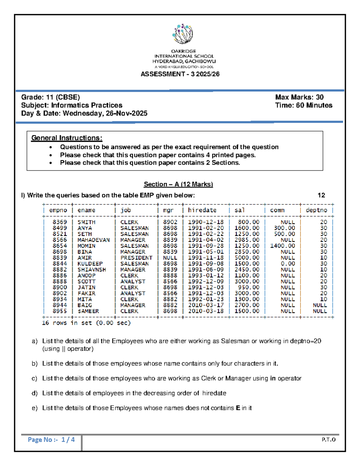 Grade XI - IP Assessment 3 Question Paper (CBSE) - Studocu