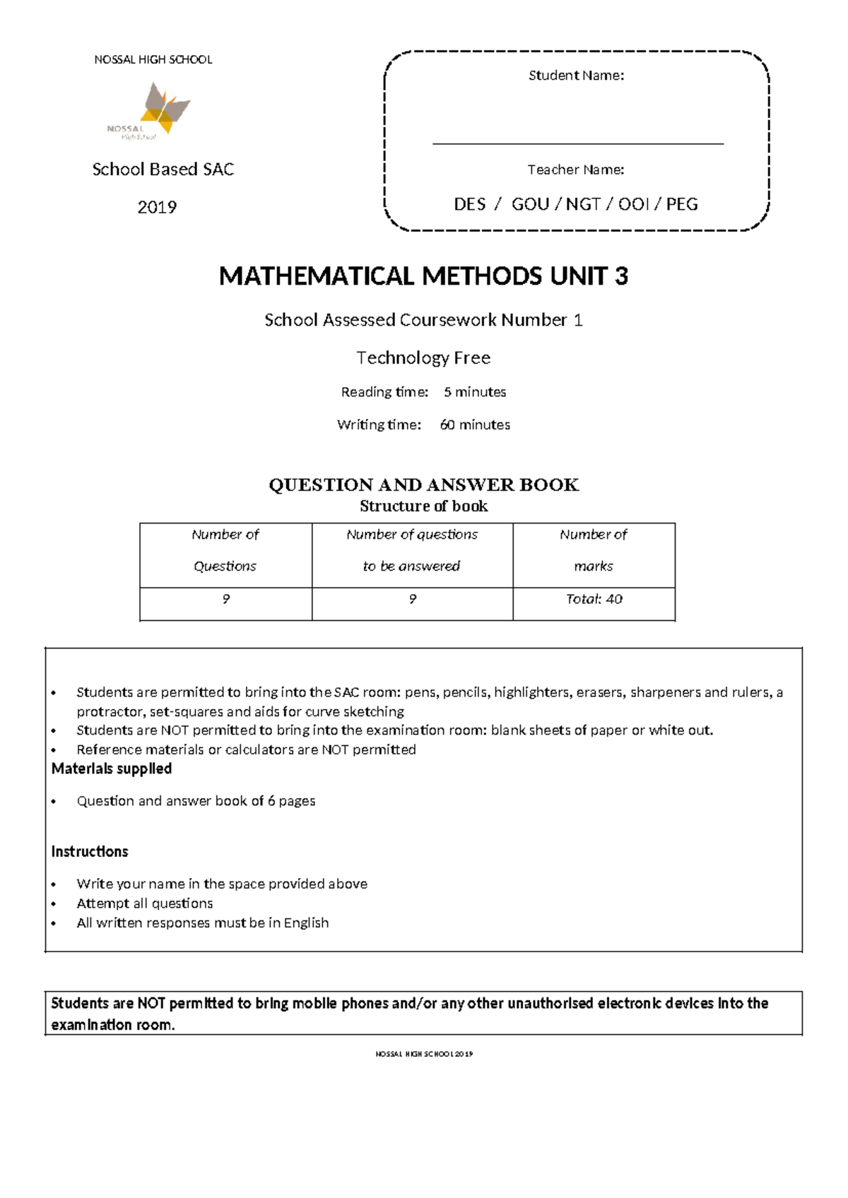 2019 MATHEMATICAL METHODS UNIT 3 SAC 1 Tech Free Exam - Studocu