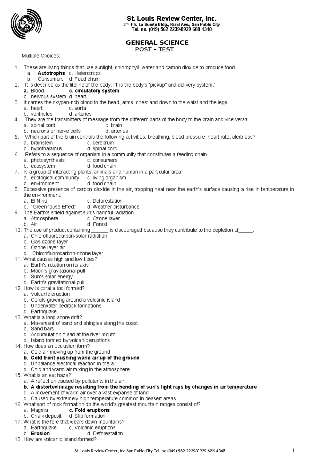 GENERAL SCIENCE POST TEST: Multiple Choice Questions (SCI 101) - Studocu