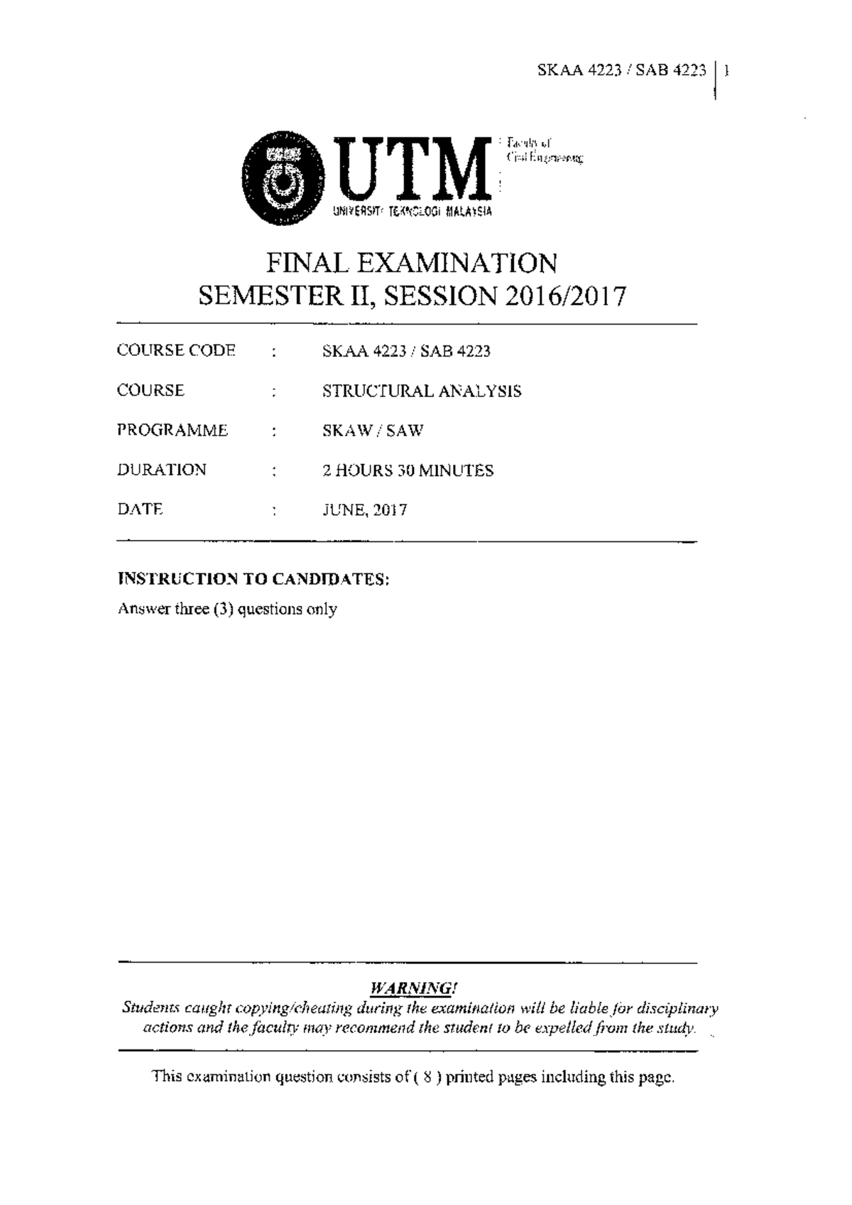 SKAA SAB4223 Final Exam Past Paper - Structural Analysis June 2017 ...