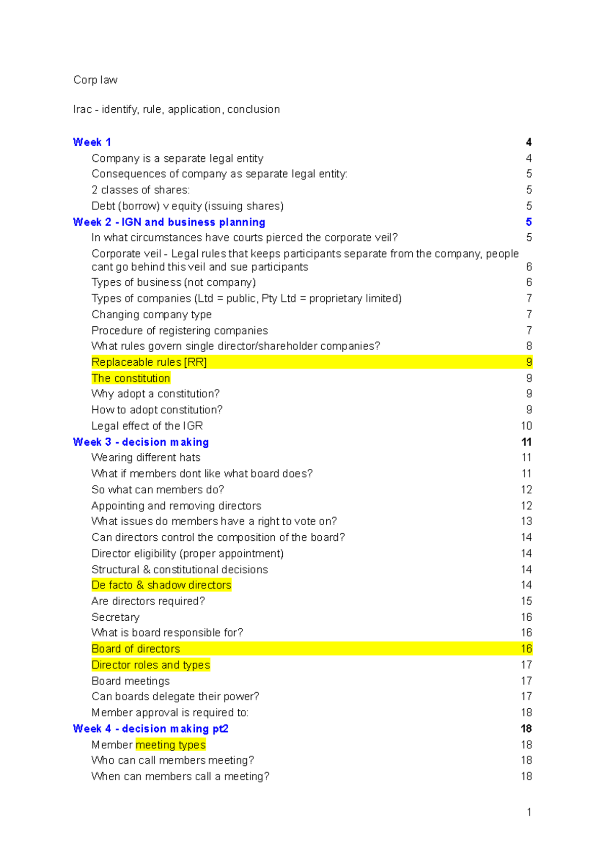 Corp Law Final Notes: Week 1-8 Overview and Key Concepts - Studocu