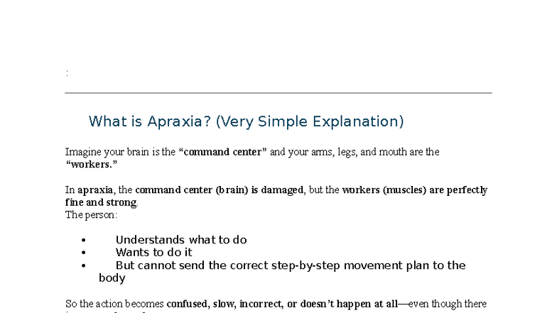 Apraxia - Comprehensive Notes for Understanding and Exams - Studocu