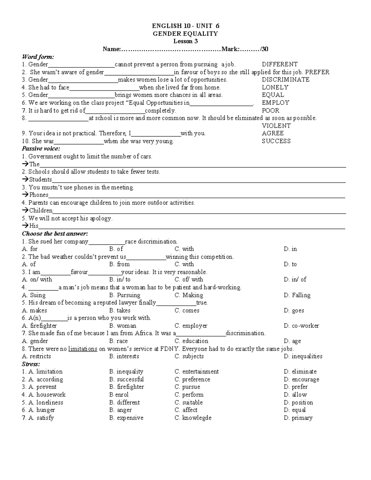 ENGLISH 10 UNIT 6 TEST 03 GENDER EQUALITY Lesson 3 Notes - Studocu