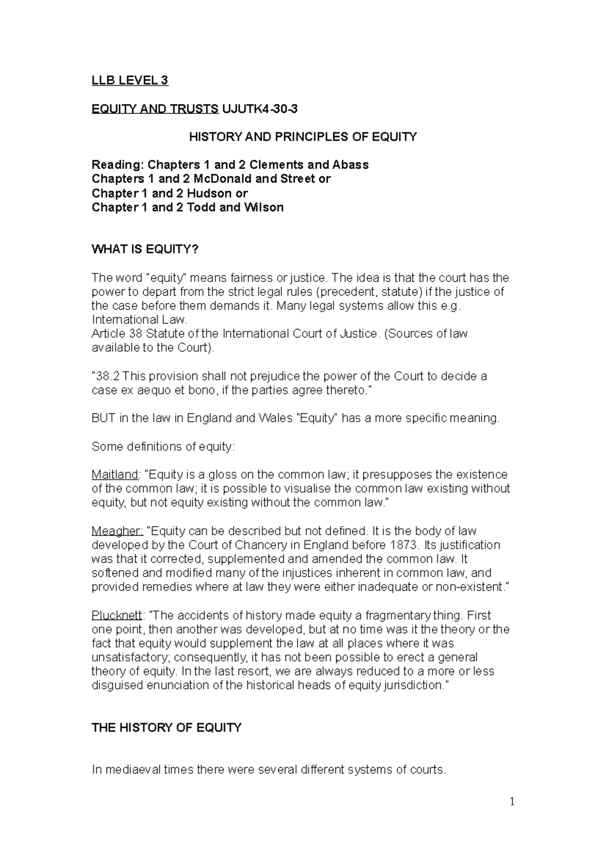 History and Principles of Equity (UJUTK4-30) - LLB Level 3 Notes - Studocu