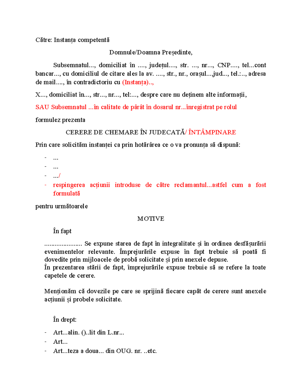 Cerere de chemare în judecătă. Întâmpinare - Către: Instan a ...