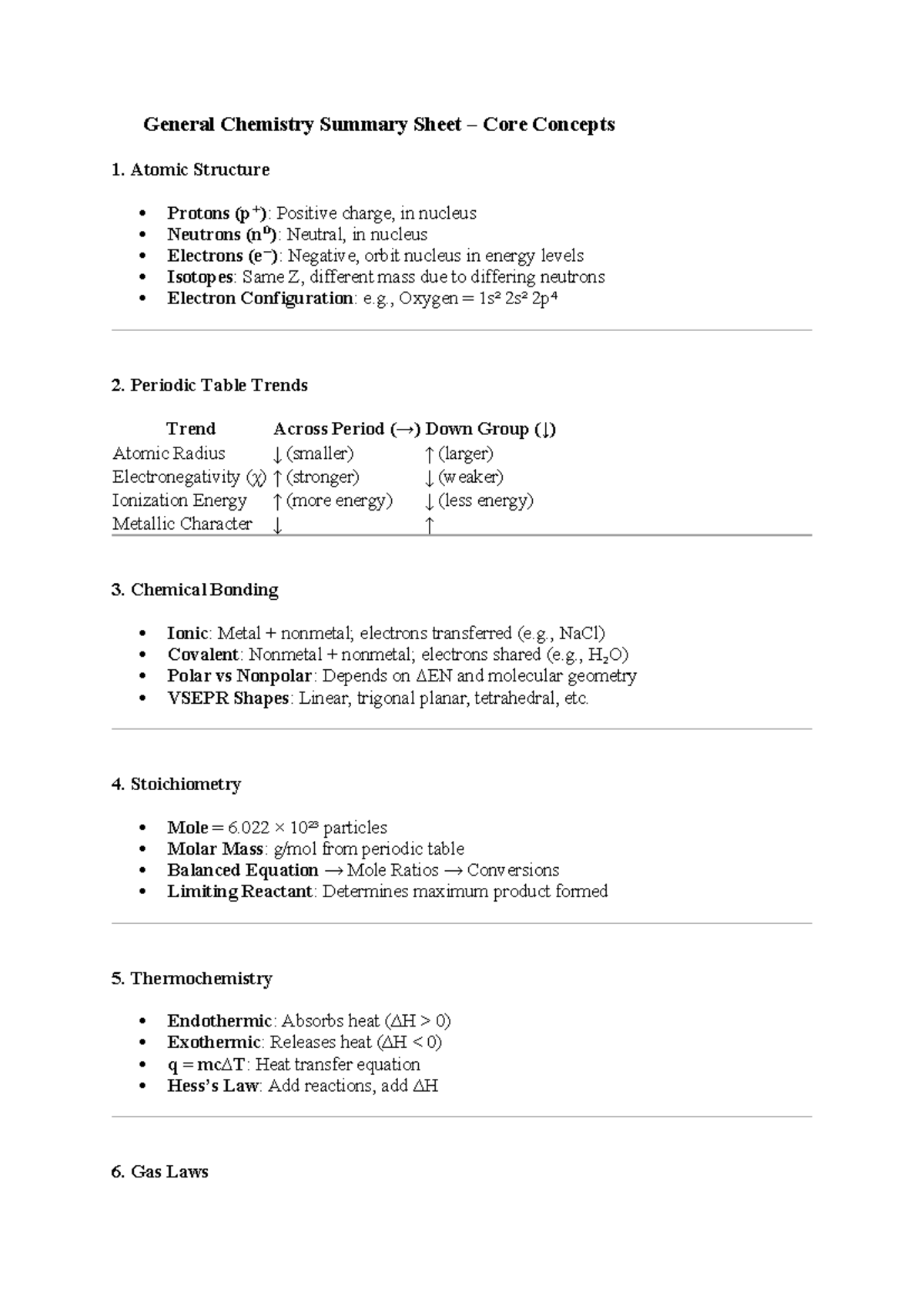 General Chemistry Summary Sheet: Core Concepts Overview - Studocu