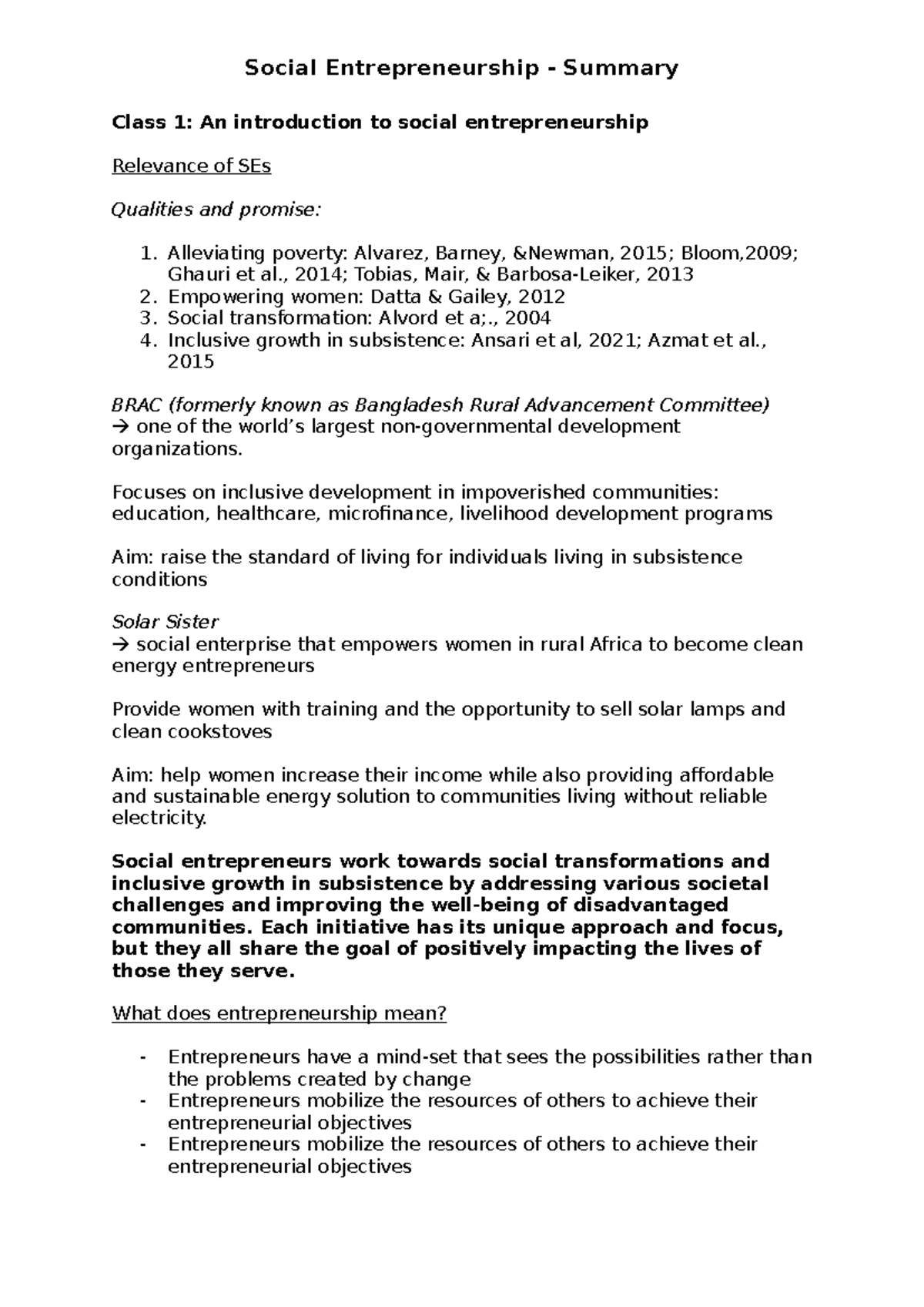 Social Entrepreneurship (SE) Concepts & Models - Course Summary - Studocu