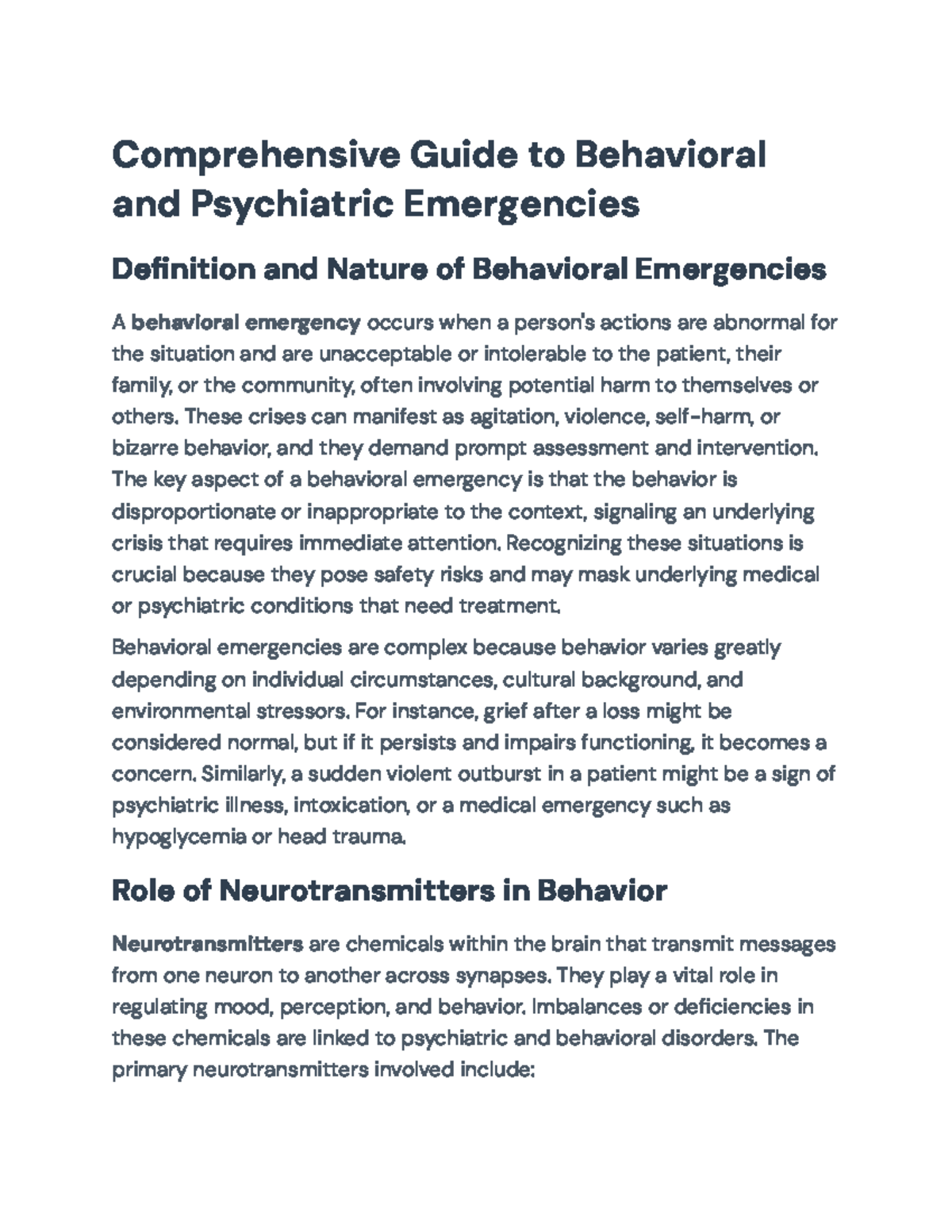 Behavioral & Psychiatric Emergencies: A Comprehensive Overview - Studocu