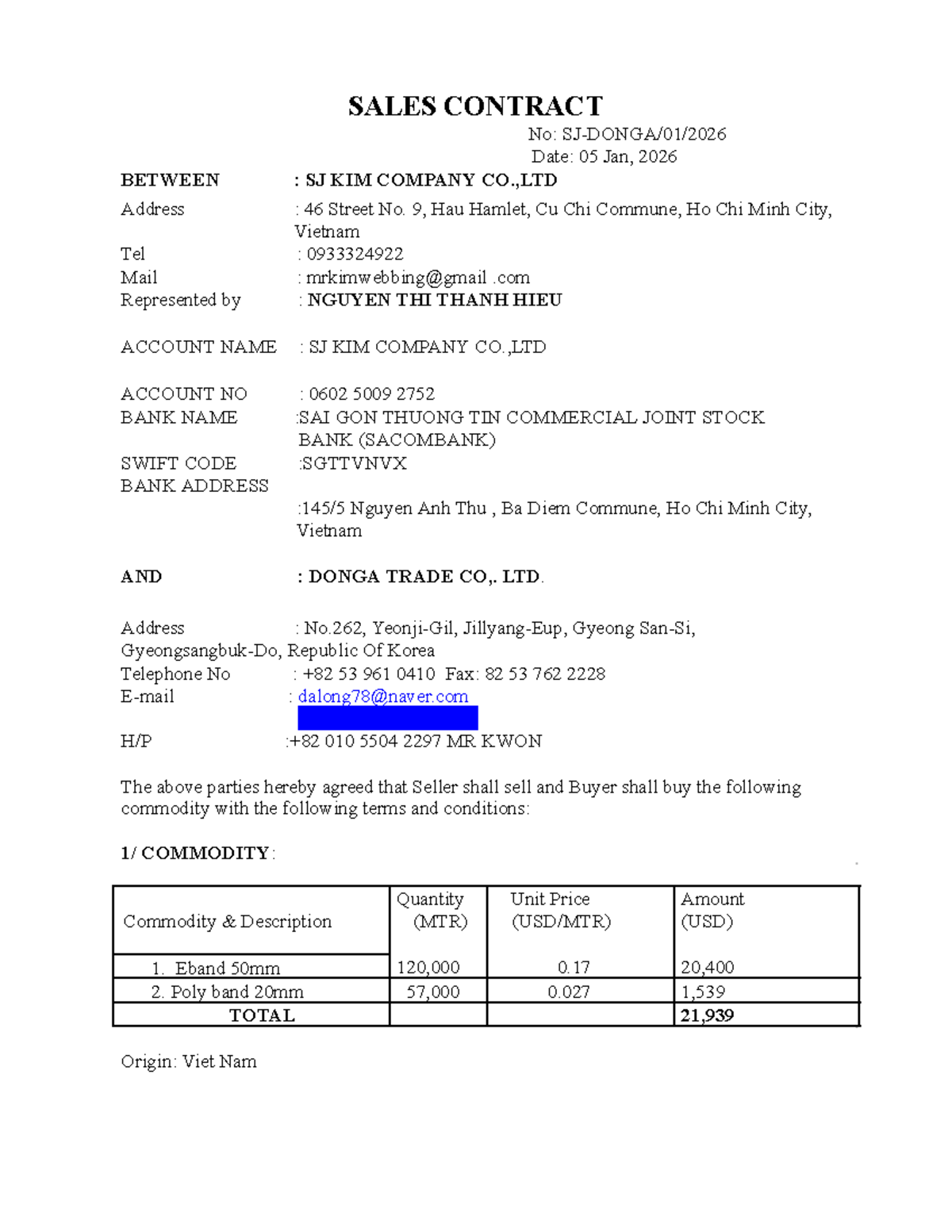Sales Contract 2026: SJ KIM & DONGA TRADE Agreement - Studocu