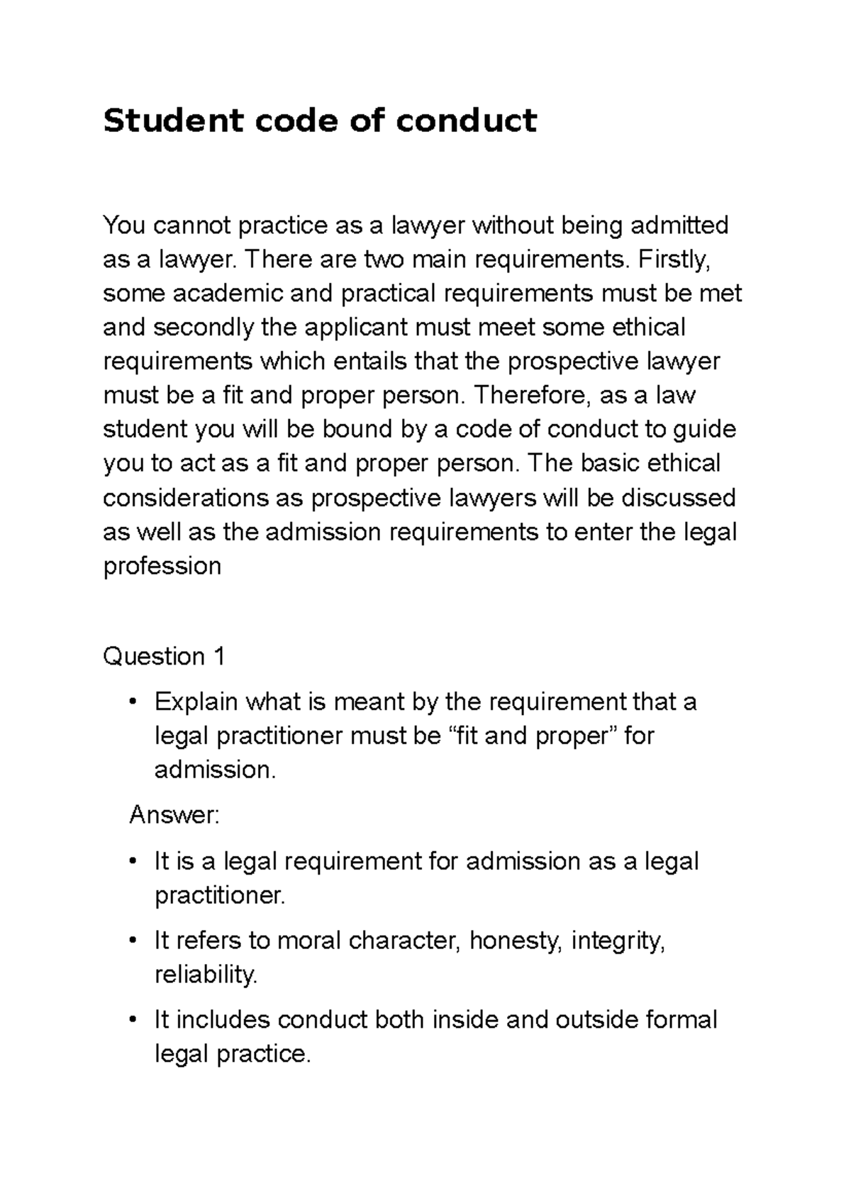 Law 101: Student Code of Conduct and Admission Ethics - Studocu