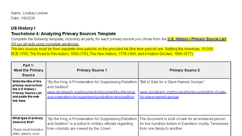 US History I Touchstone 4: Primary Source Analysis Template - Studocu