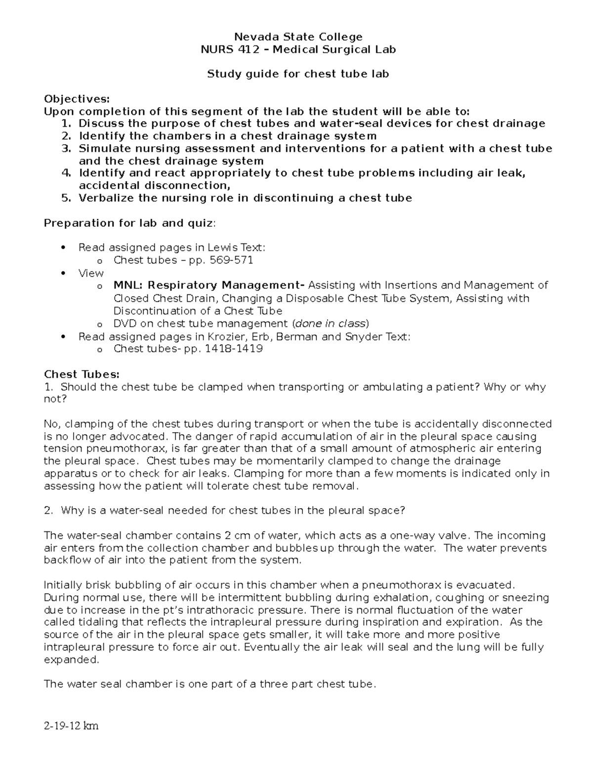 NURS 412 Chest Tube Lab Study Guide and Nursing Interventions - Studocu